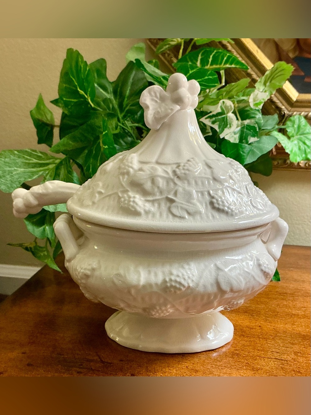 Vintage White Ceramic Covered Soup Tureen with Decorative Lid and Soup Spoon